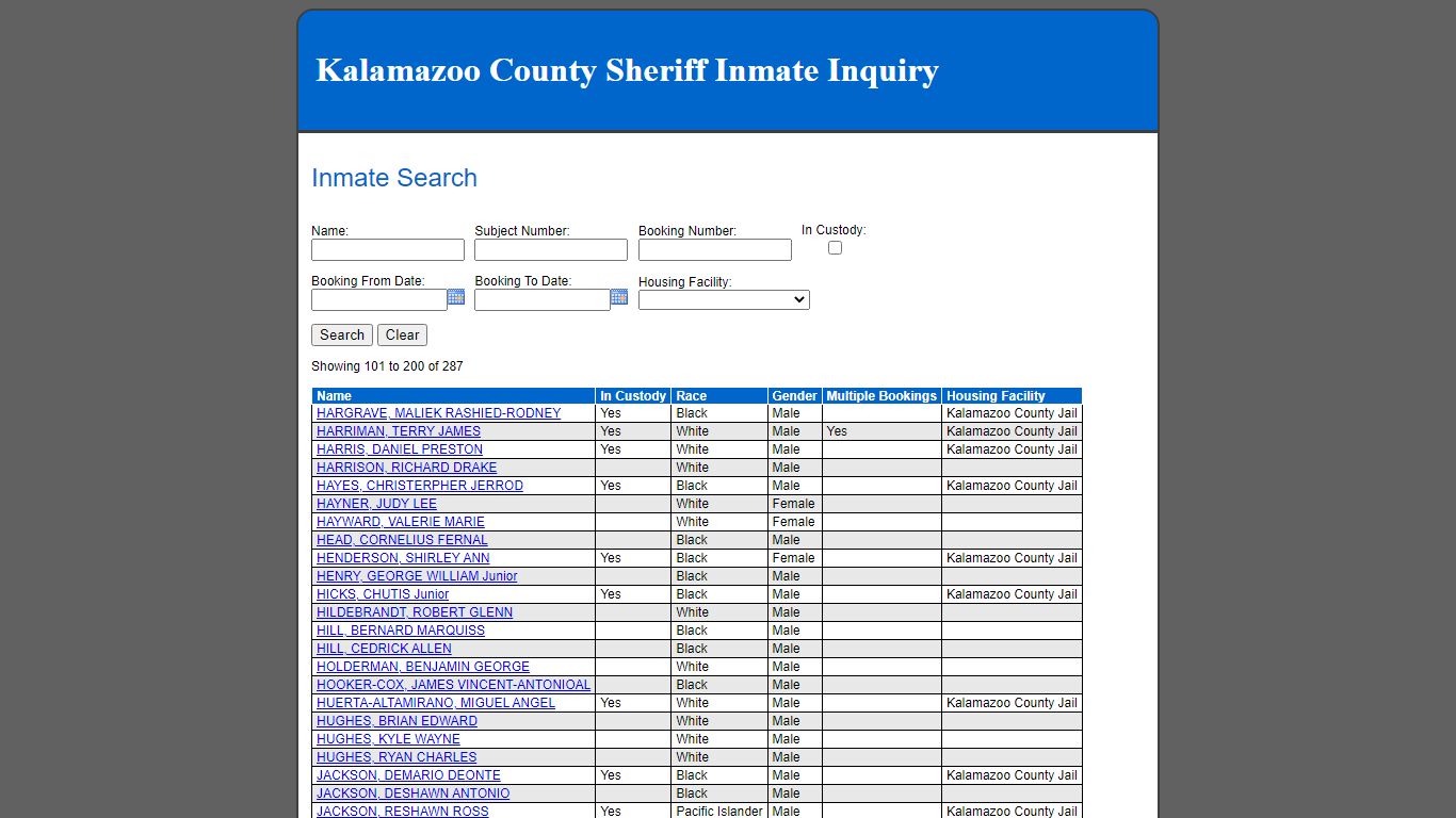 Inmate Search - Kalamazoo County County Consolidated Dispatch