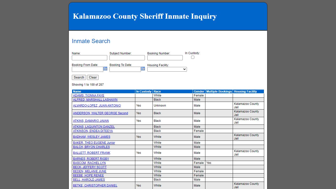 Inmate Search - Kalamazoo County County Consolidated Dispatch