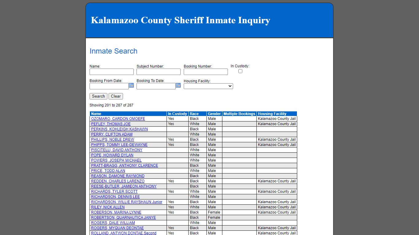 Inmate Search - Kalamazoo County County Consolidated Dispatch